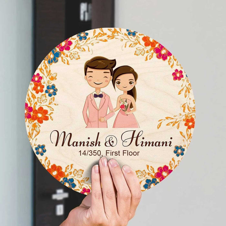 Printed Multicolour Floral Wooden Round Nameplate For Couples