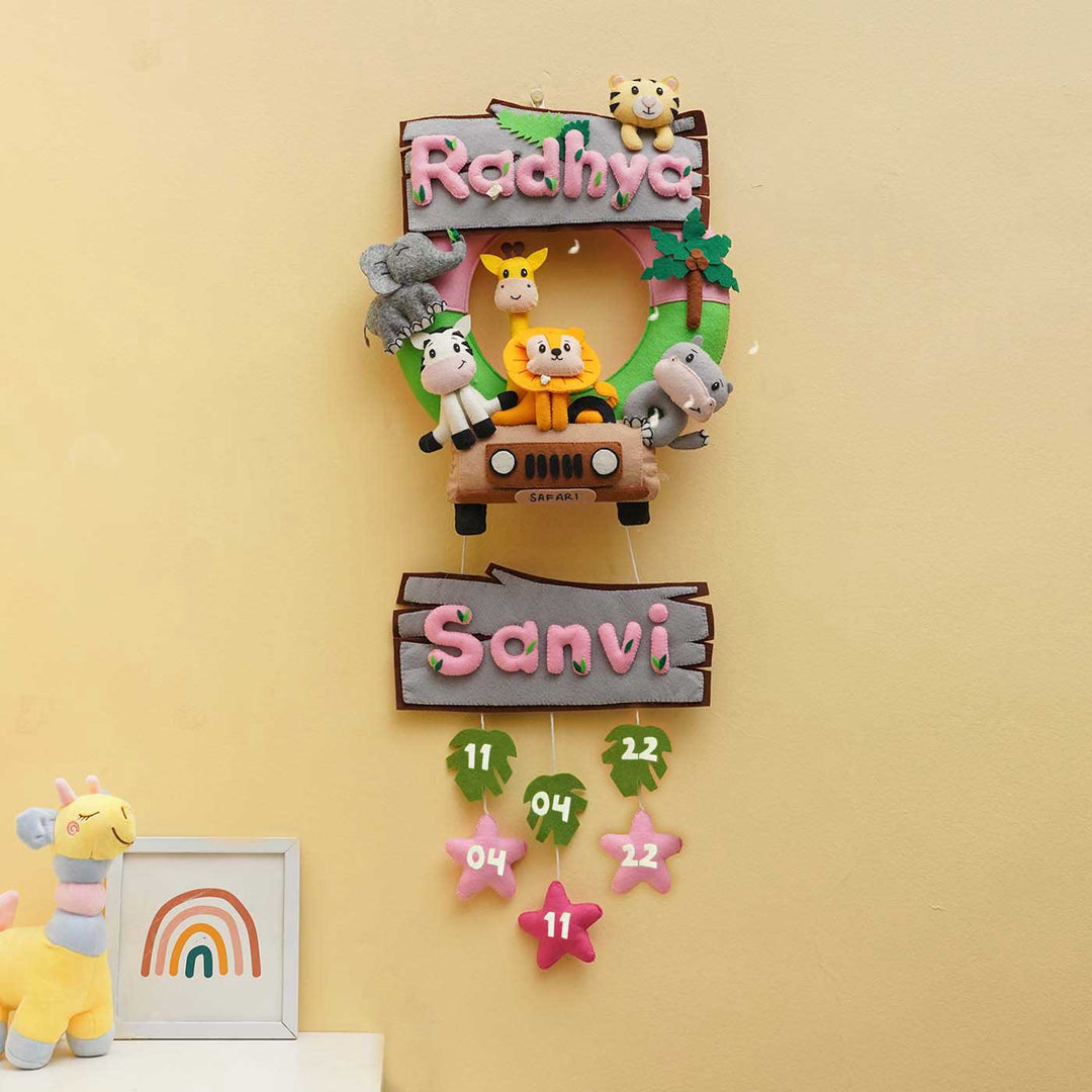 Personalized Jungle Safari Themed Round Felt Kid's Nameplate - Pink For Siblings