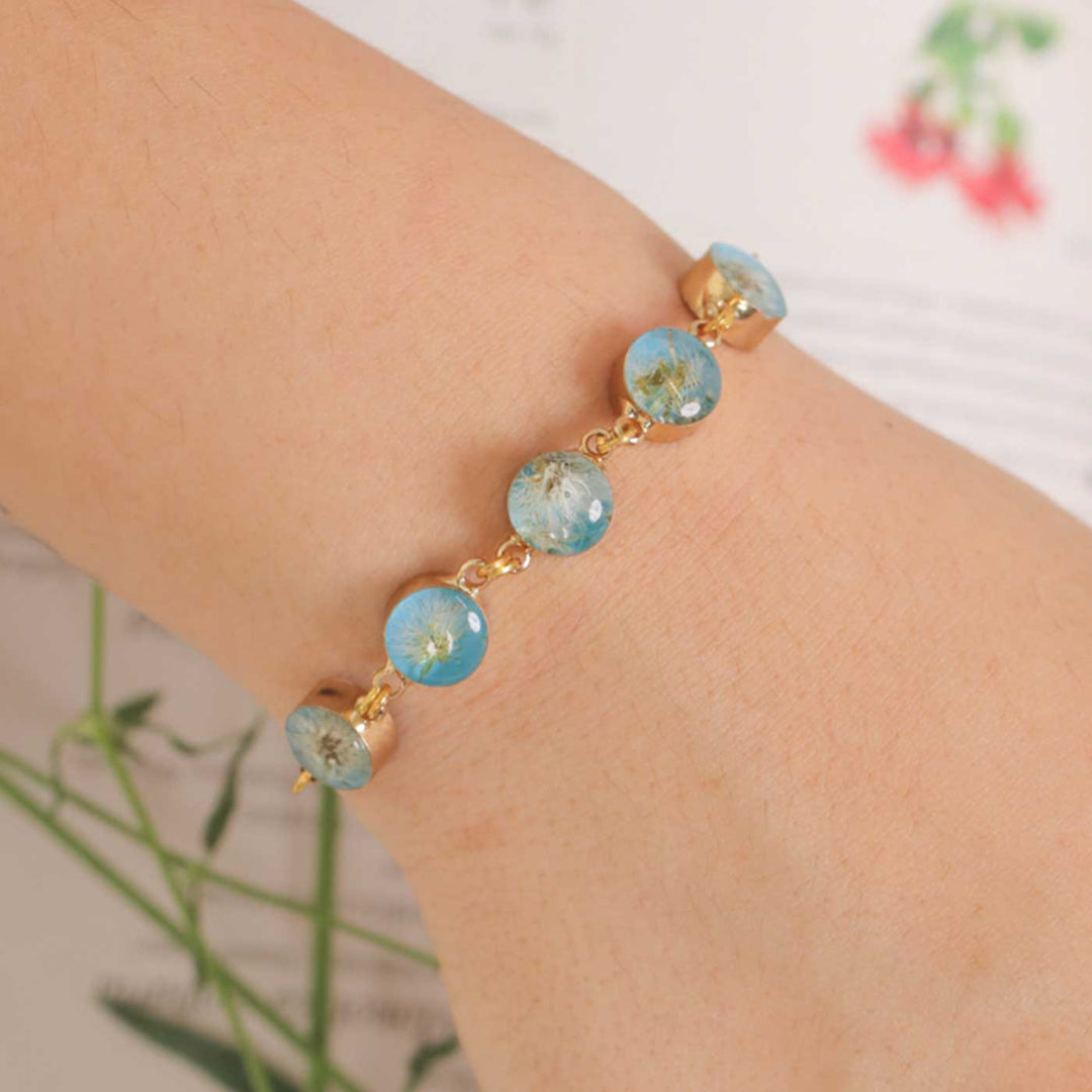 Handmade Blue Make A Wish Preserved Flower Brass Bracelet