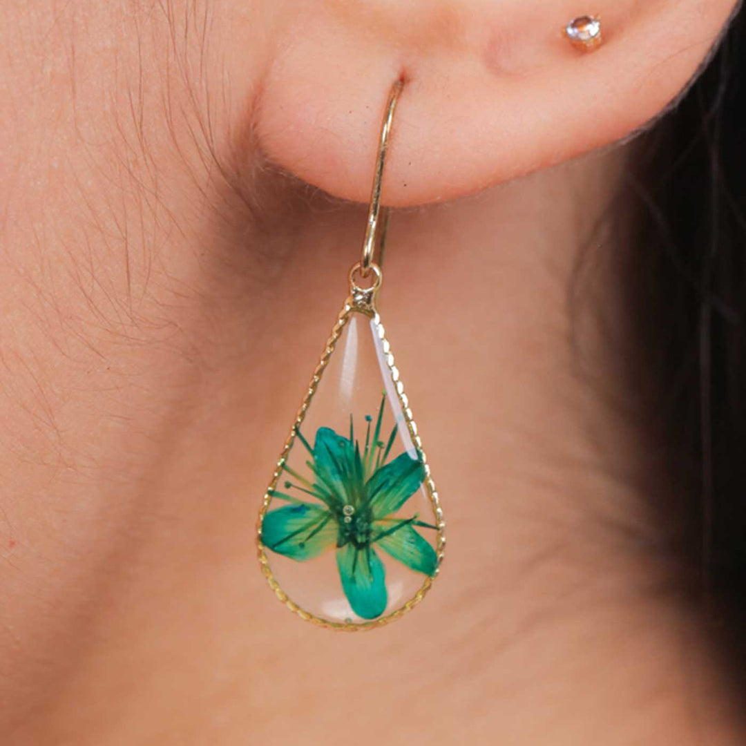 Handmade Preserved Flower Green Allium Tear Drop Brass Earrings