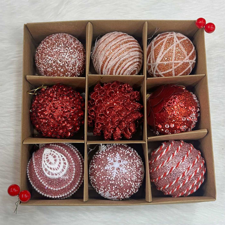 Handmade Pink Rose Gold & Red Shimmer Embellished Chirstmas Ball Ornaments For Decoration | Set Of 9