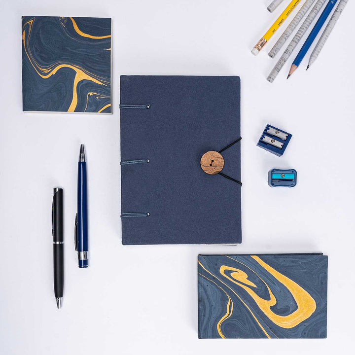 Handmade Unruled Blue Button Journal, Notepad & Pocket Diary | 120 Gsm | Set Of 3