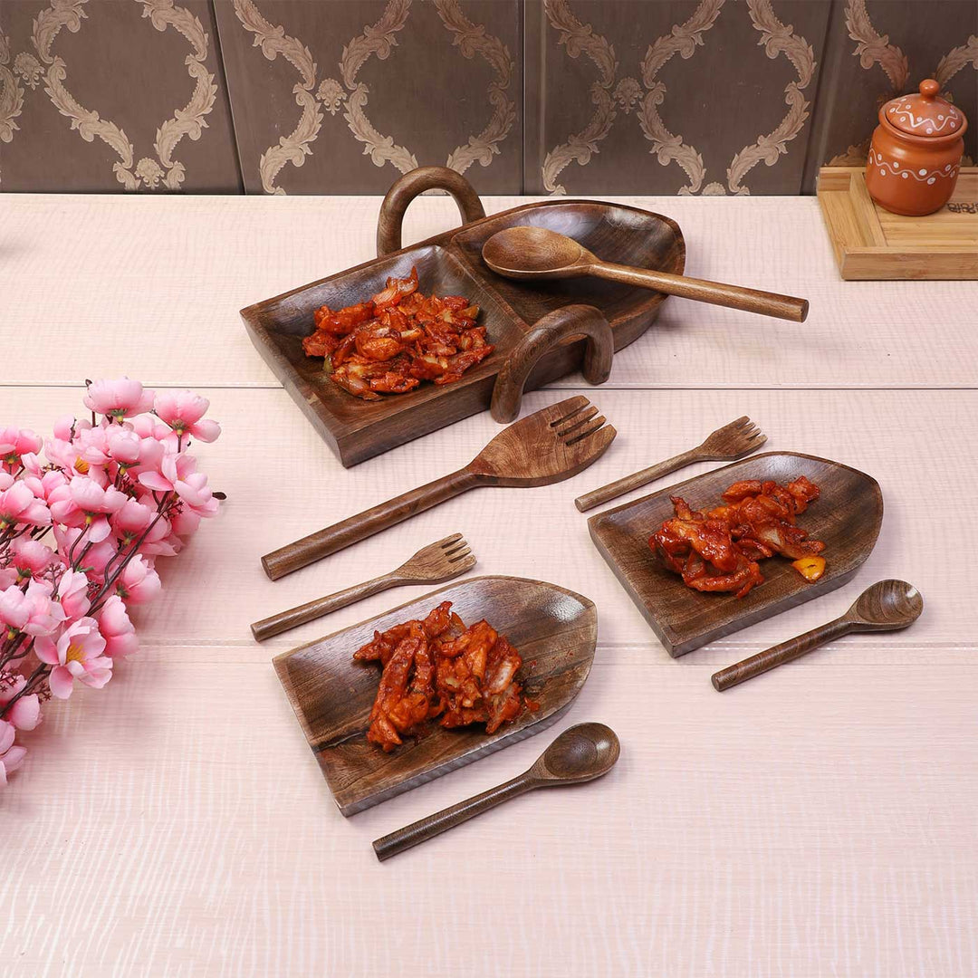 Handmade Boat Shaped Mangowood Snacks Platters | Set Of 9