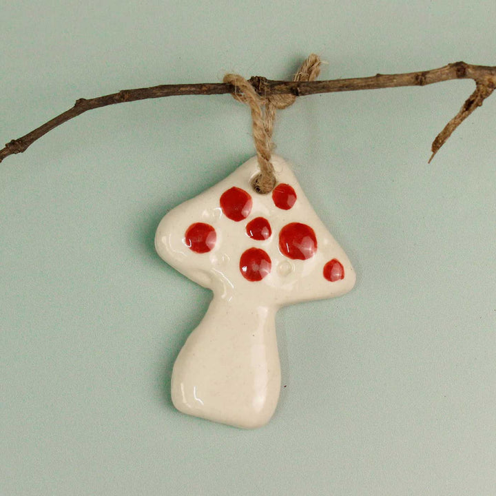 Handmade White Ceramic Mushroom Ornaments For Christmas Tree Decoration | Set Of 5