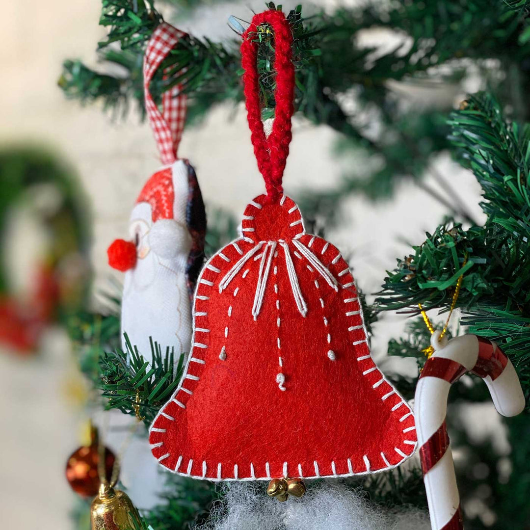 Handmade Red Felt Ornament With Bell For Christmas Tree Decoration | Set Of 2