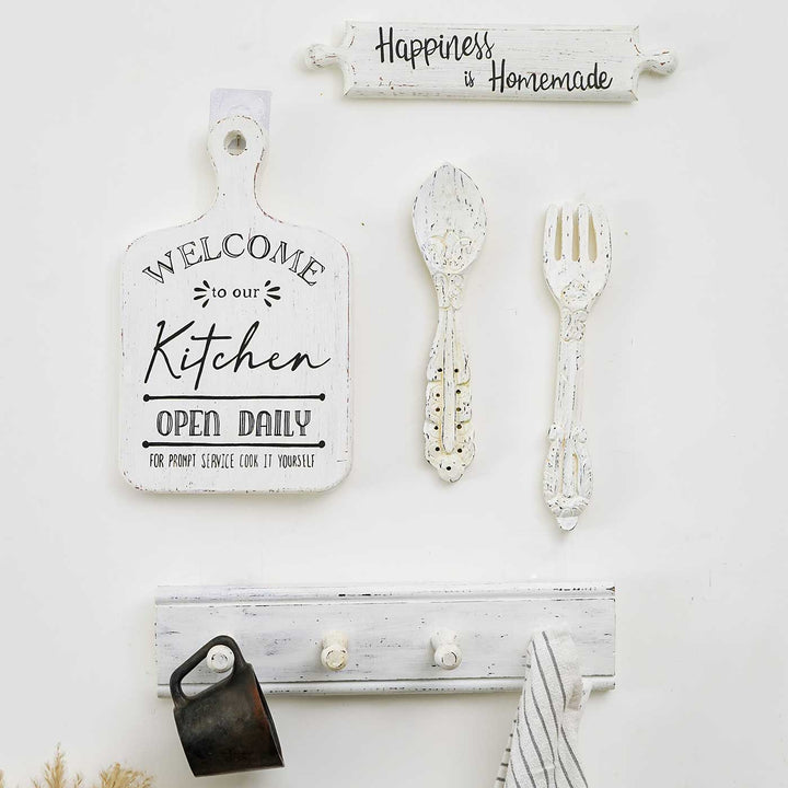 Handmade White Wooden Kitchen Wall Decor | Set Of 5