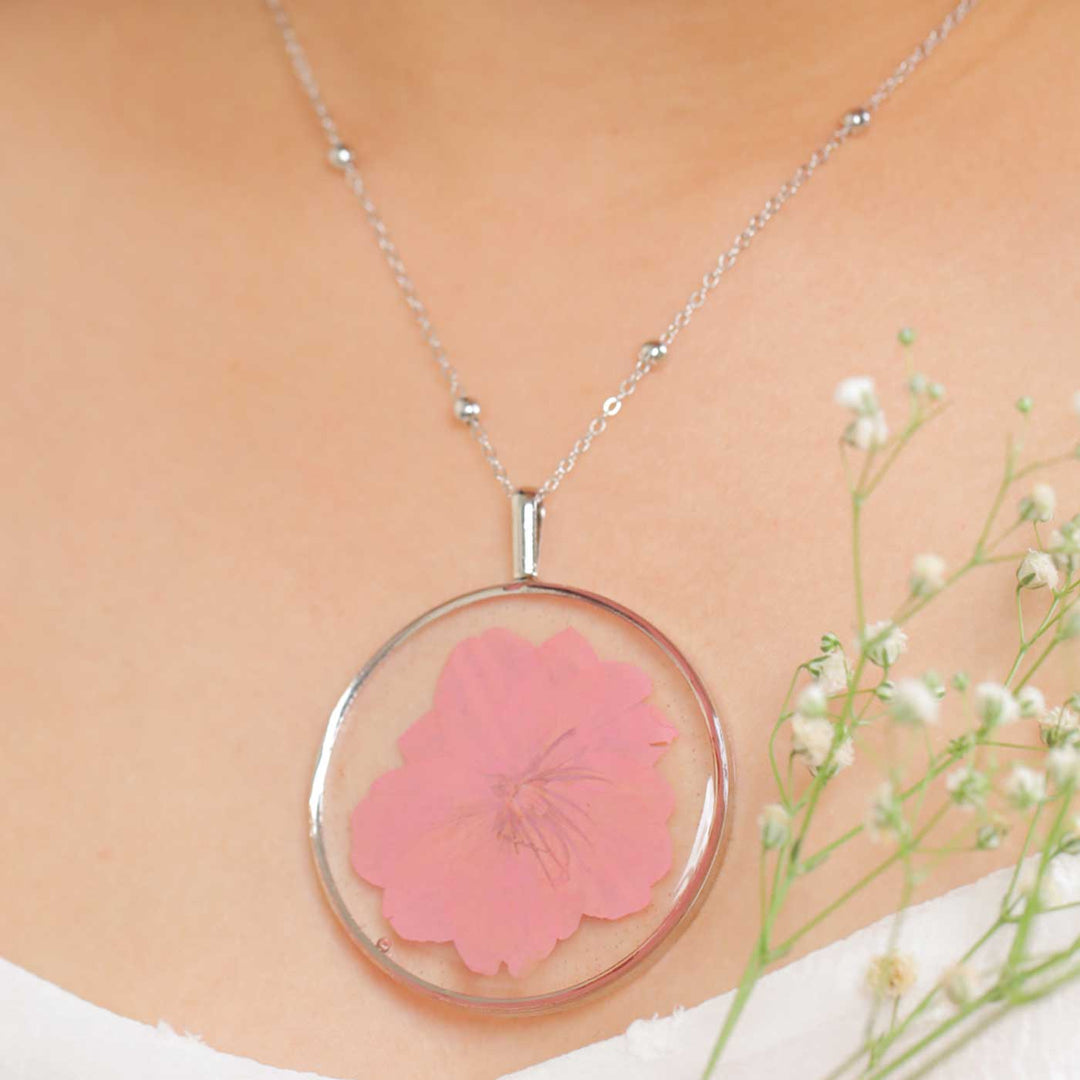 Handmade Preserved Flower Cherry Blossom Brass Necklace