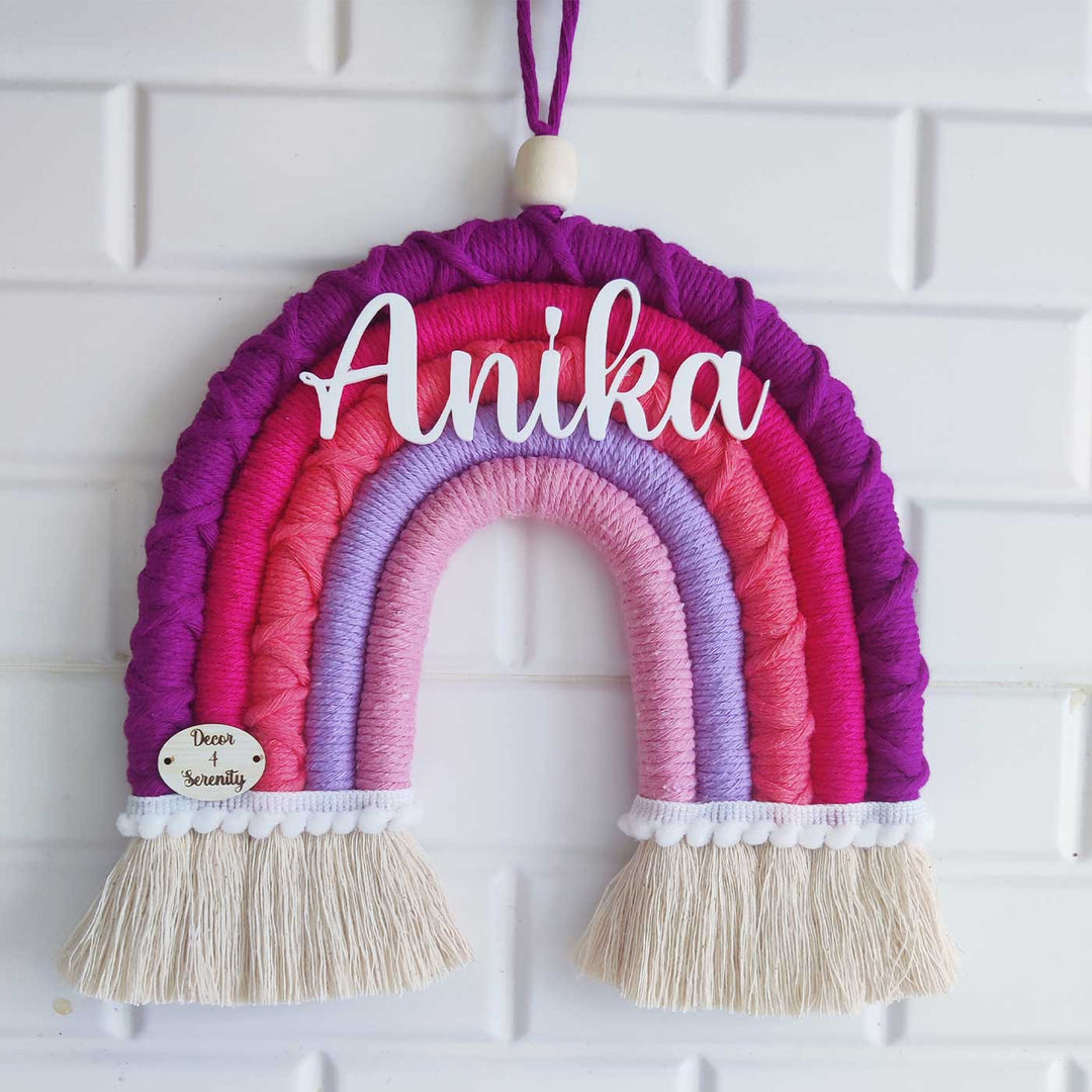 Personalized Handmade Macrame Purple & Pink Rainbow Kids Name Plate With 3D Letters