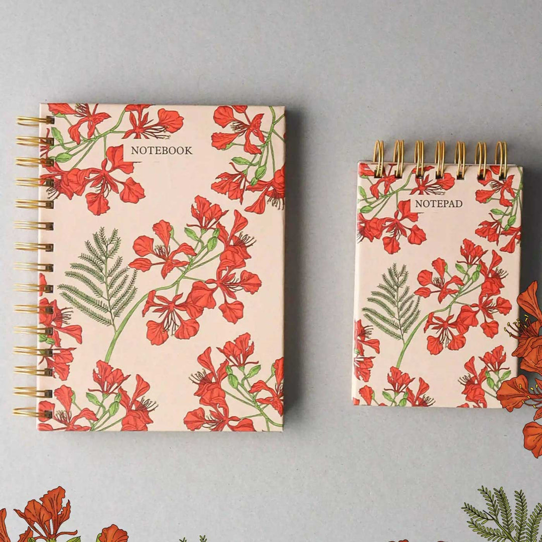 Handmade Gulmohar Red Spiral Notebook and Notepad Set | 80 Pages