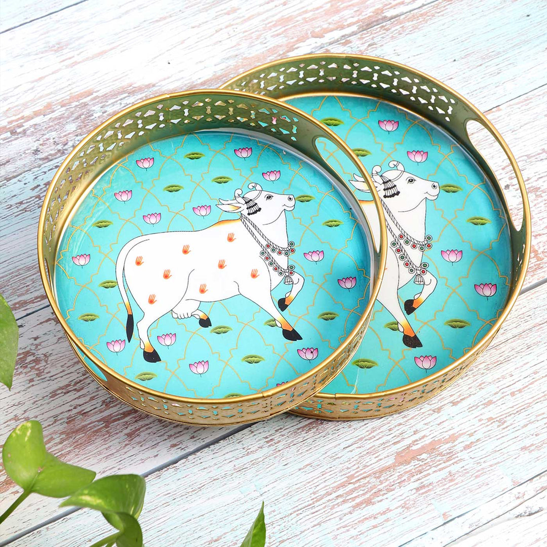 Handmade Round Green Pichwai Tray | Set Of 2