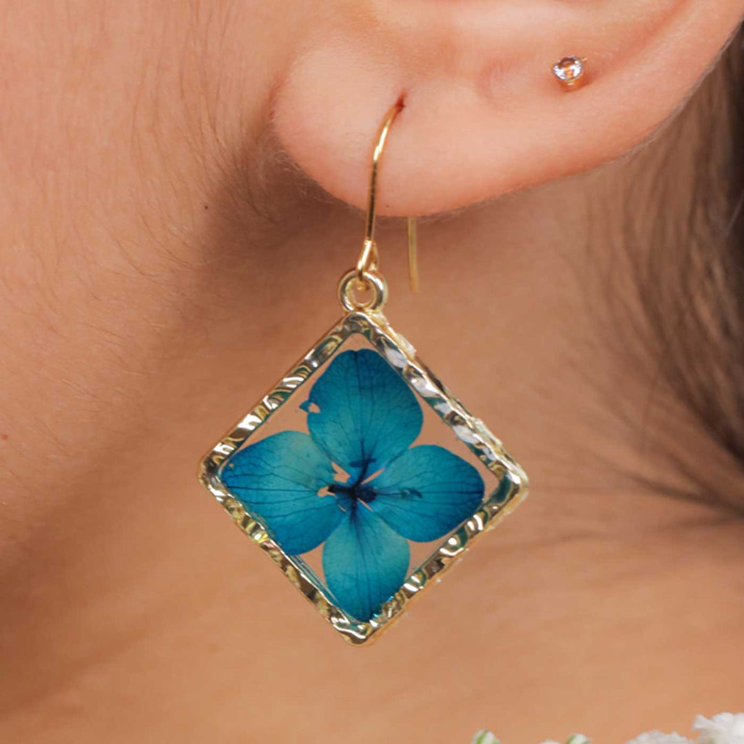 Handmade Preserved Flower Azure Blue Brass Earrings