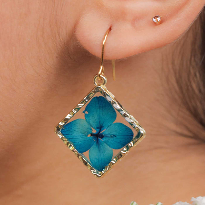 Handmade Preserved Flower Azure Blue Brass Earrings