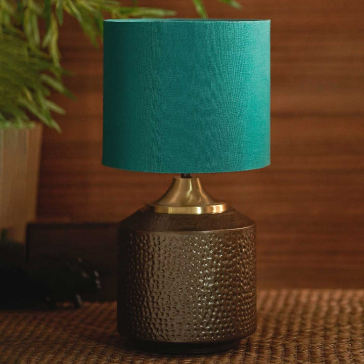 Handmade Darbar Metal Table Lamp With Teal Shade & Brass Accents