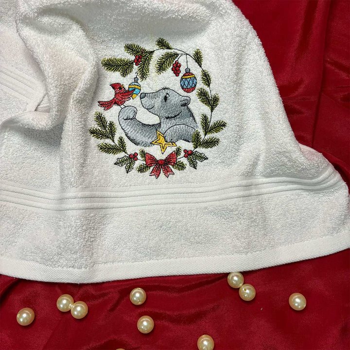 Personalized Bear & Cardinal Embroidered Cotton Hand Towel | Xmas Gifting Ideas