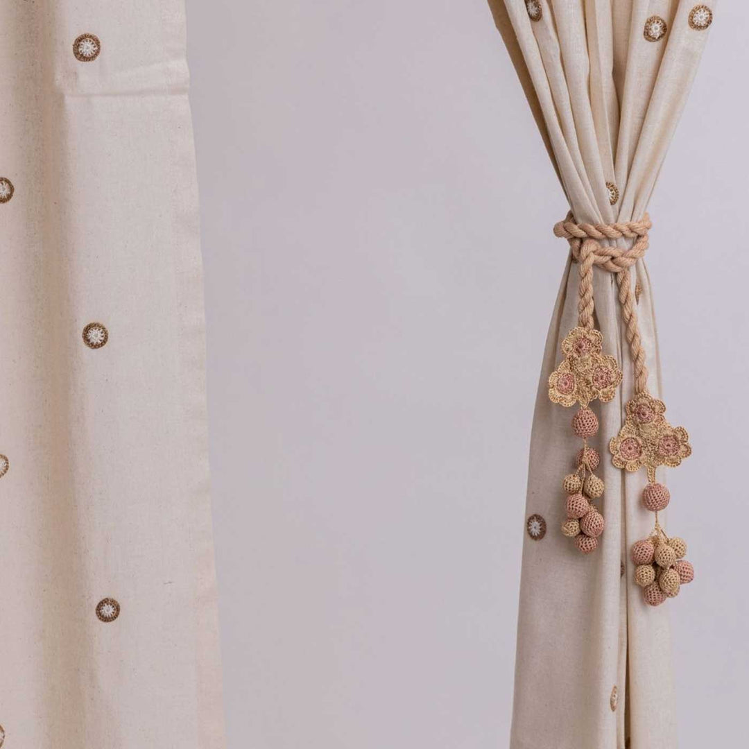 Handmade Kono Beige Triple Flower & Beads Curtain Tie Backs | Set of 2