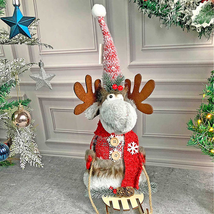 Grey & Red Deer On Snow Sledge Woolen Decor For Christmas Table Decoration