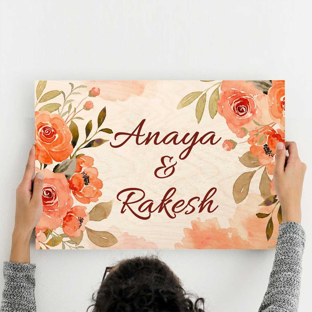 Printed Orange Floral Wooden Rectangle Nameplate