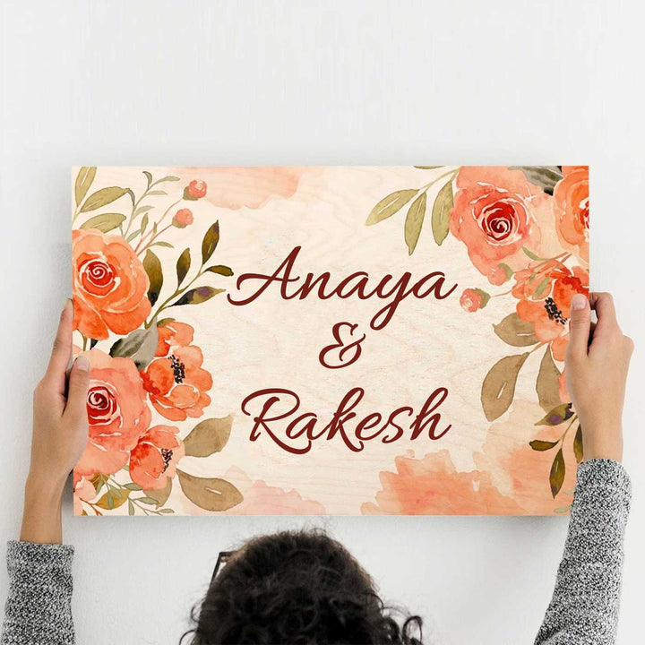 Printed Orange Floral Wooden Rectangle Nameplate