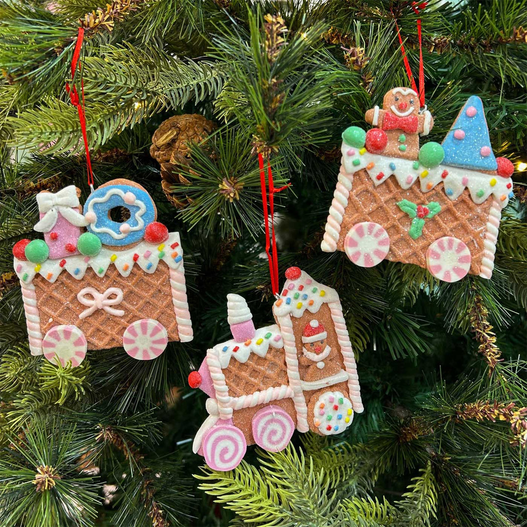 Handmade Gingerbread Train Adventure Clay Ornaments For Christmas Tree Decoration | Set Of 3