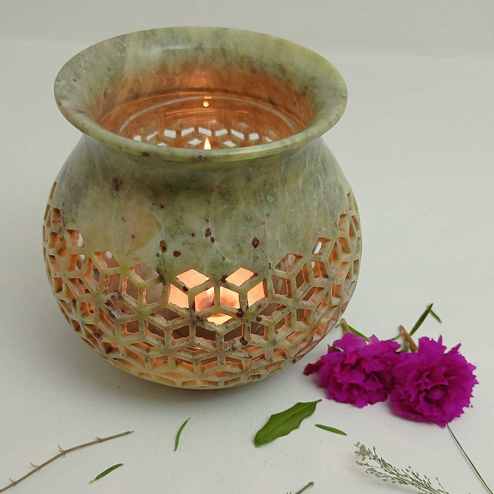 Handmade Multicolour Fadia Shimmery Mughal Jaali Soapstone Tealight Holder