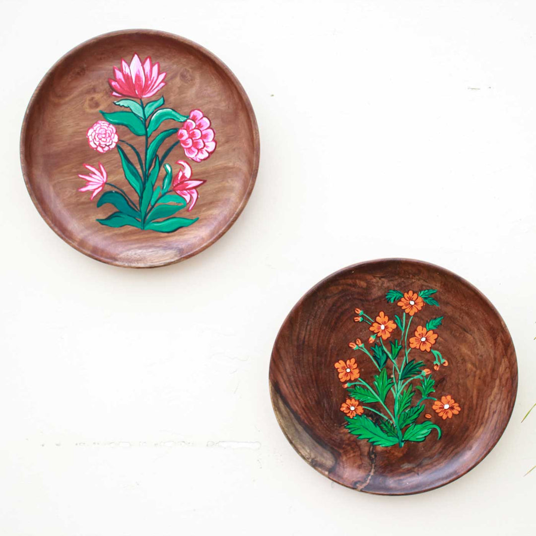 Handpainted Wooden Wall Plates With Floral Jaipur Artwork | Set Of 2