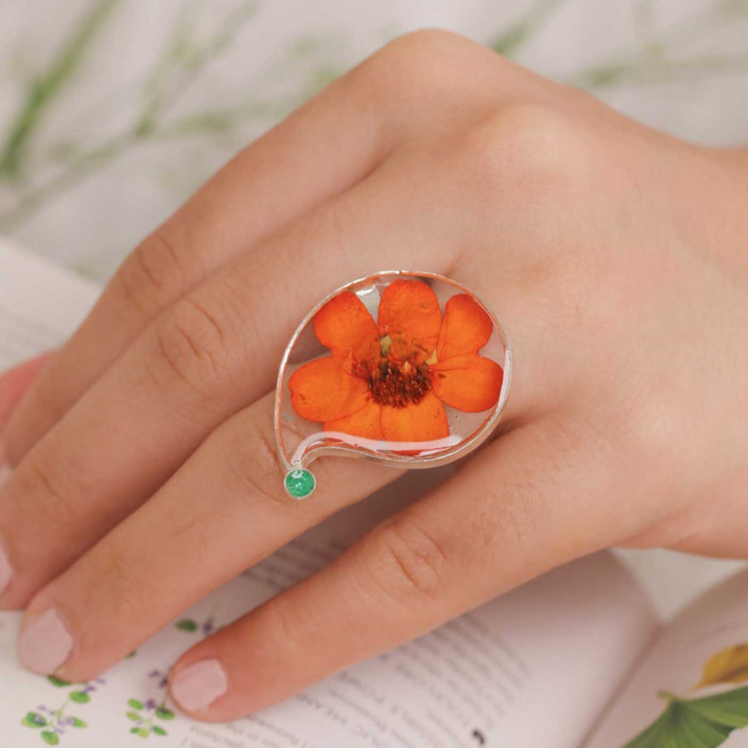 Handmade Preserved Flower Mango Motif Zinnia Brass Ring