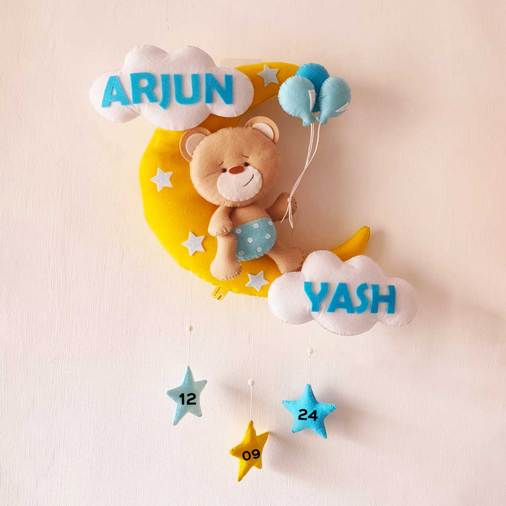 Hand-stitched Teddy Themed Felt Moon Nameplate with Birthdate For Kids - Brown