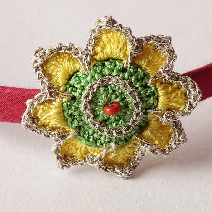 Handmade Yellow & Green Crochet Flower on Pink Headband