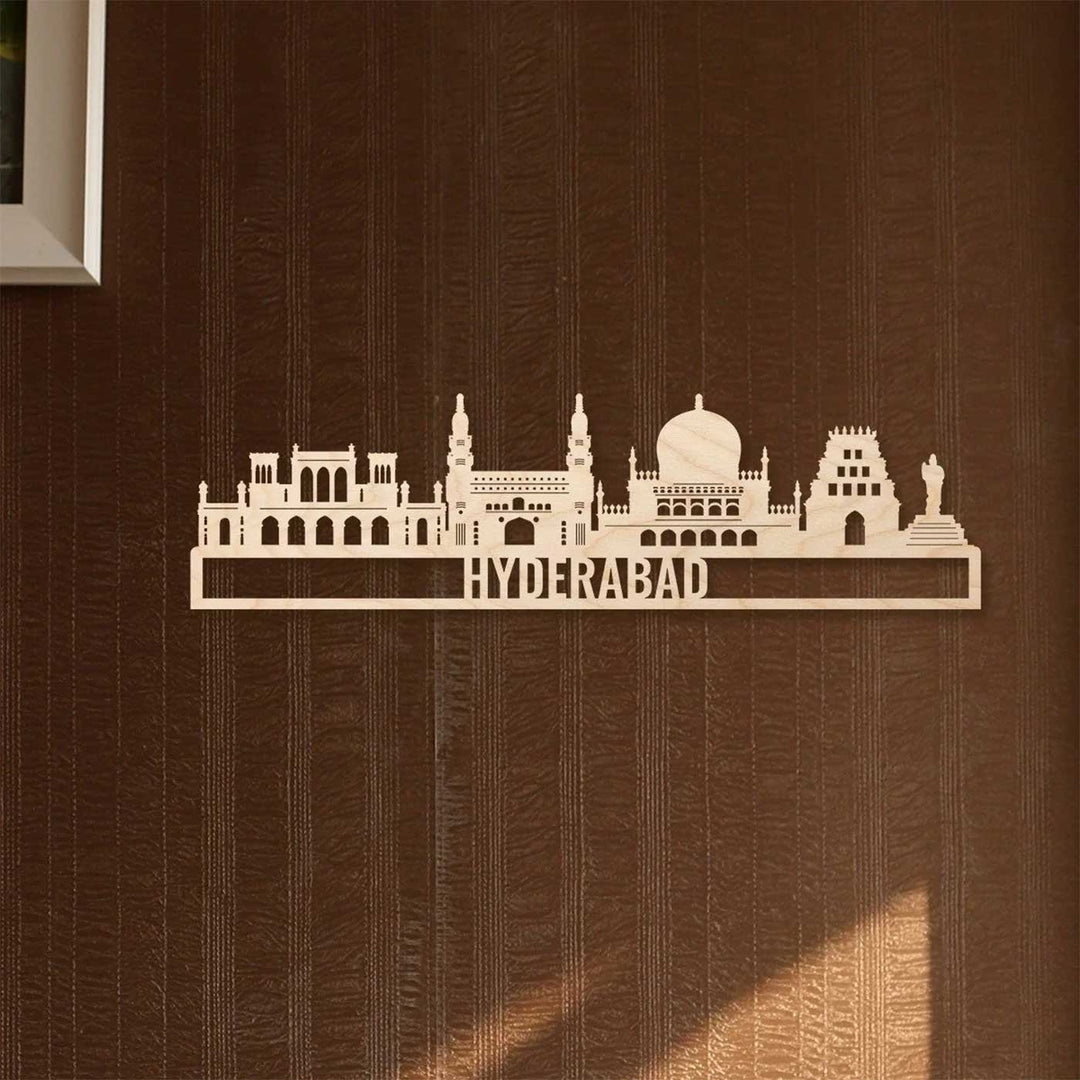 Printed Black Wooden Hyderabad City Skyline Wall Decor