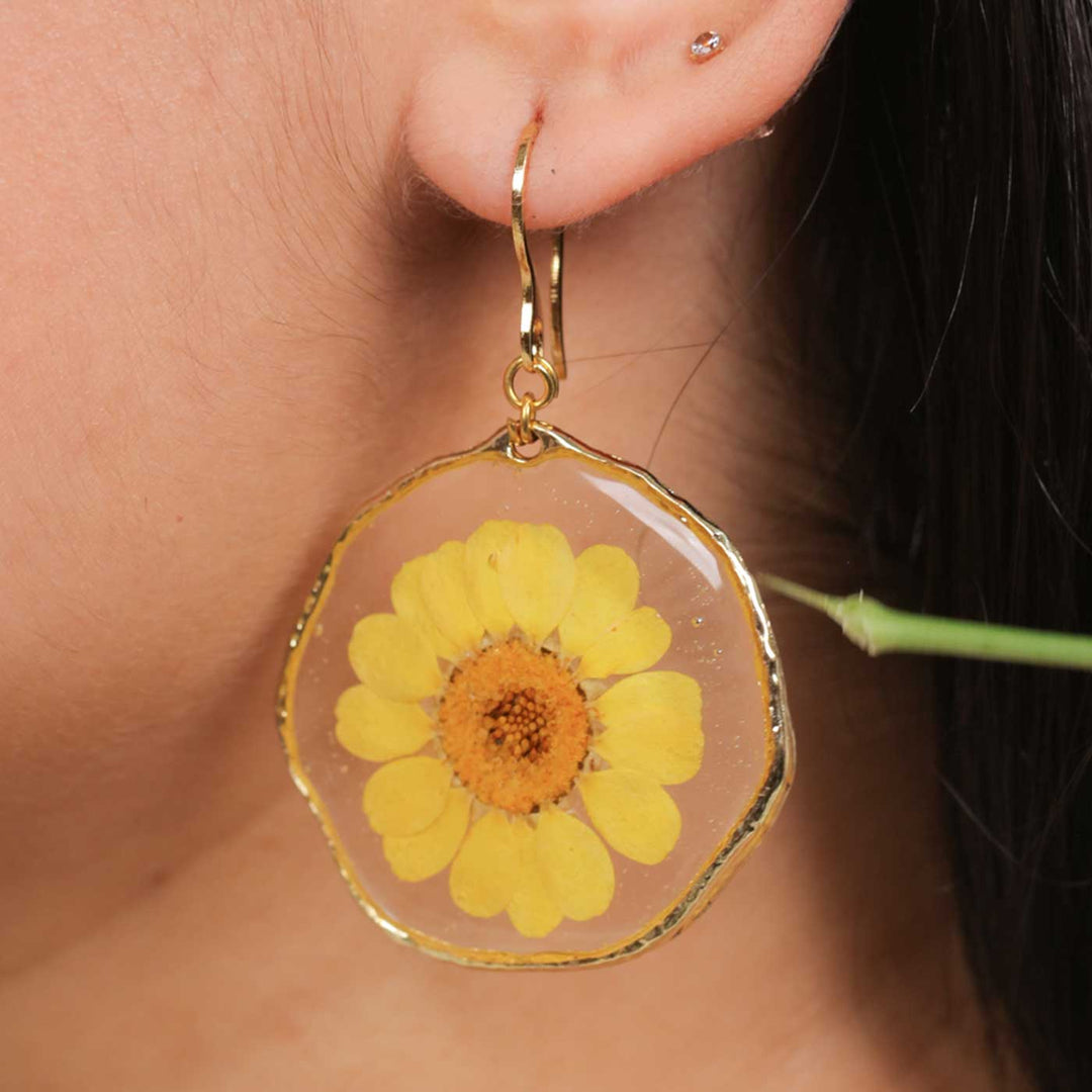 Handmade Preserved Flower Yellow Daisy Brass Earrings