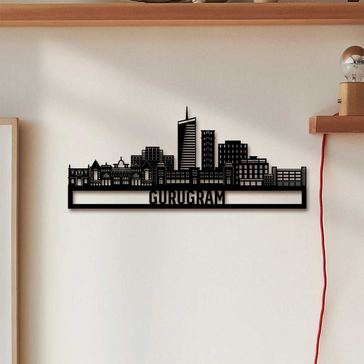 Printed Black Wooden Gurugram City Skyline Wall Decor