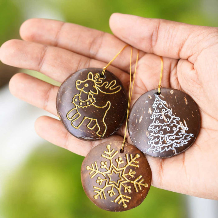 Eco-friendly Handmade Coconut Shell Ornaments For Christmas Tree Decoration | Set Of 6