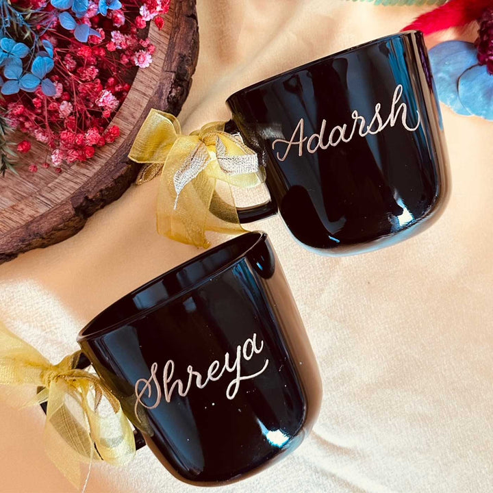 Personalized Ceramic Coffee Mugs With Golden Bow For Couples | Set of 2