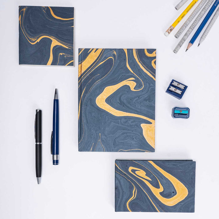 Handmade Unruled Blue Marble Journal, Notepad & Pocket Diary | 120 Gsm | Set Of 3