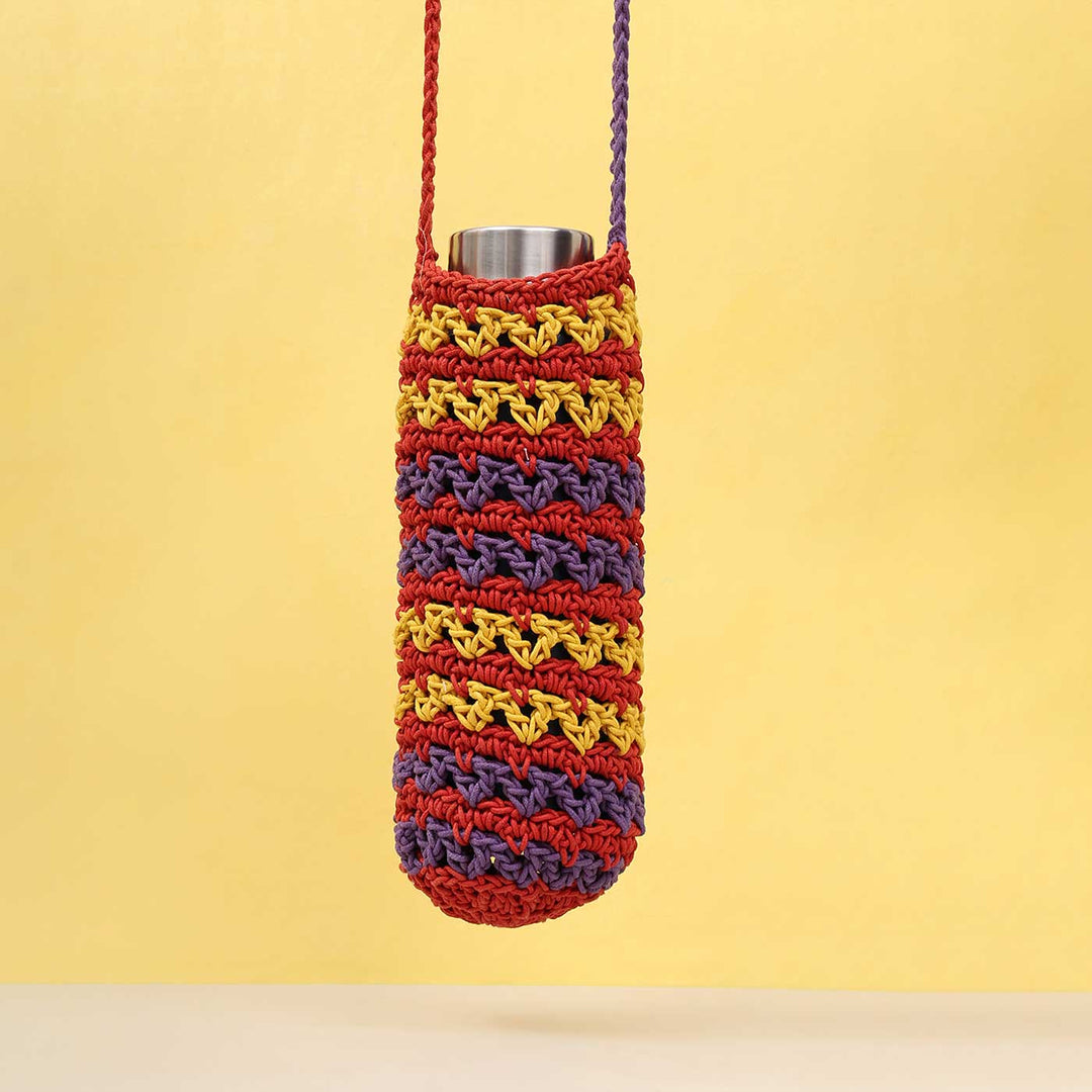 Handmade Crochet Multicolored Water Bottle Tote Bag