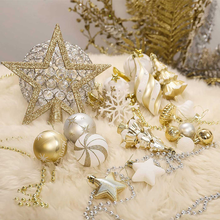 Gold & White Christmas Ball Ornaments For Decoration | Set of 90