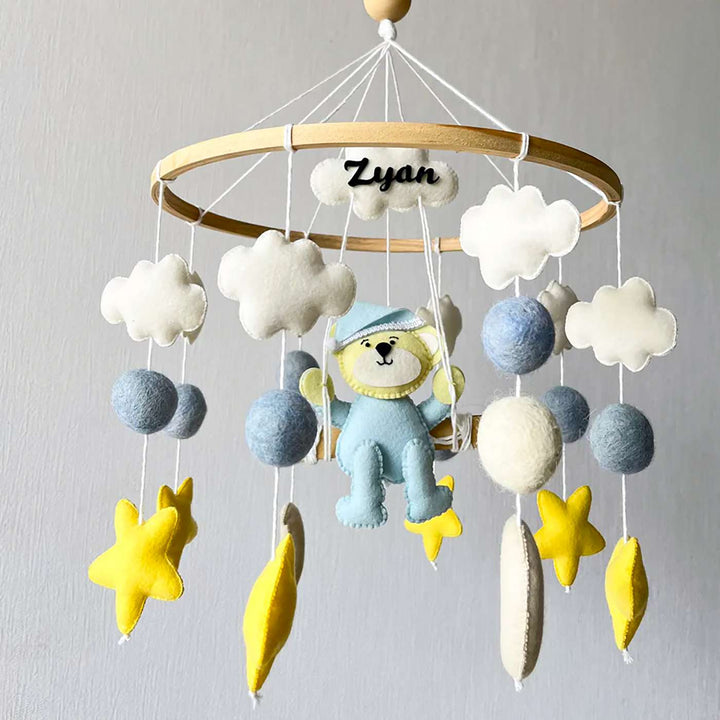 Personalized Handmade Teddy On A Swing Felt Cot Mobile For Newborns