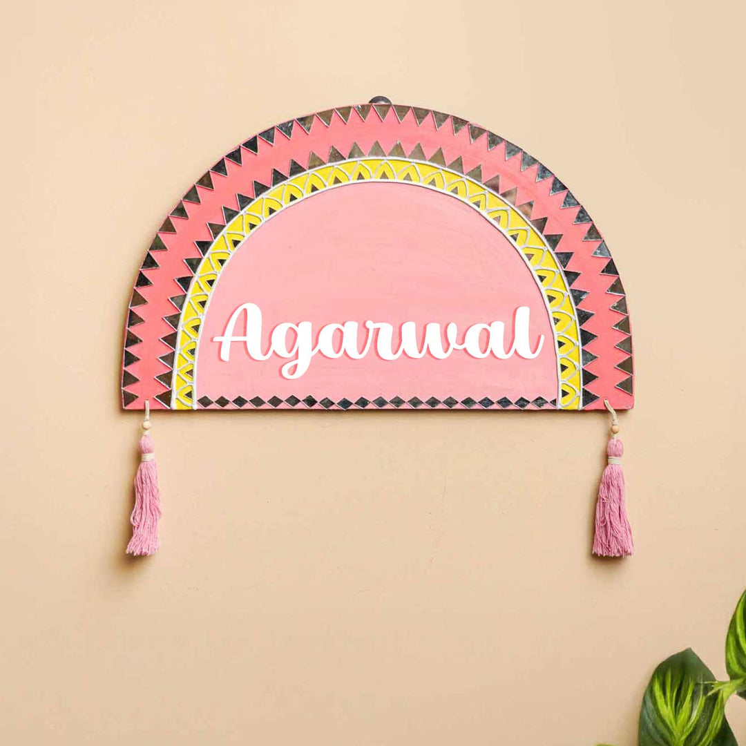 Personalized Mirror Work Pink Theme Mdf Wood Name Plate