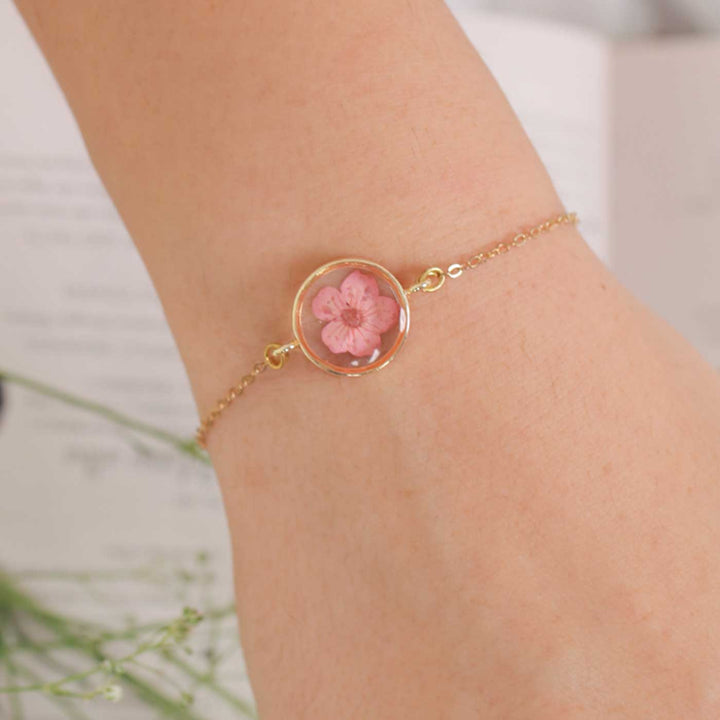 Handmade Pink Blossom Preserved Flower Brass Bracelet