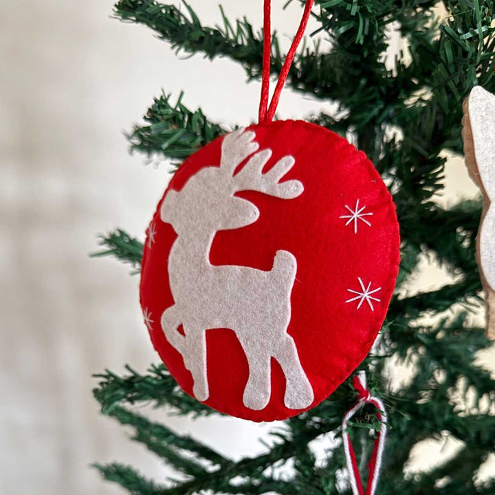 Handmade Red & White Reindeer Felt Ornament For Christmas Tree Decoration