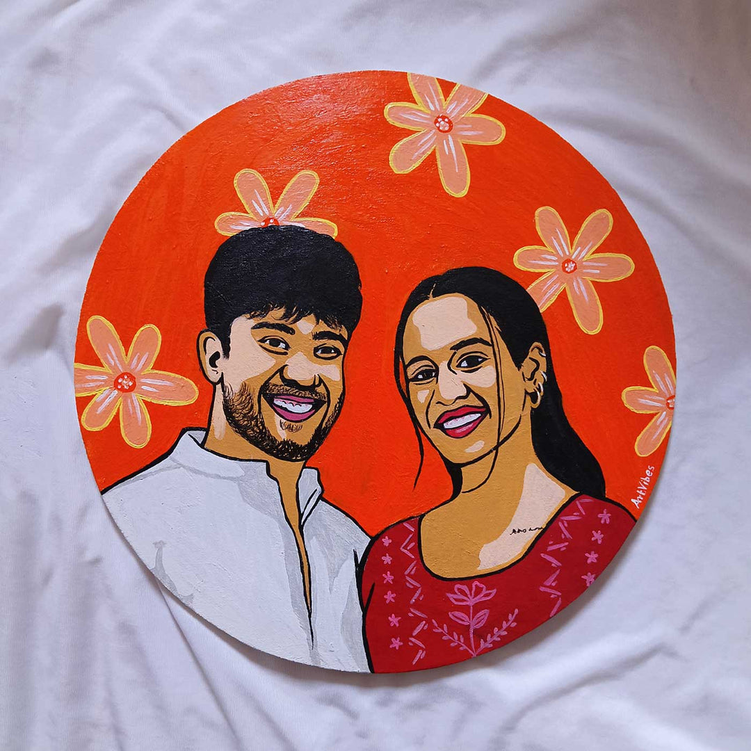 Personalized Photo Based Caricature Round Orange Colored Portrait For Couples