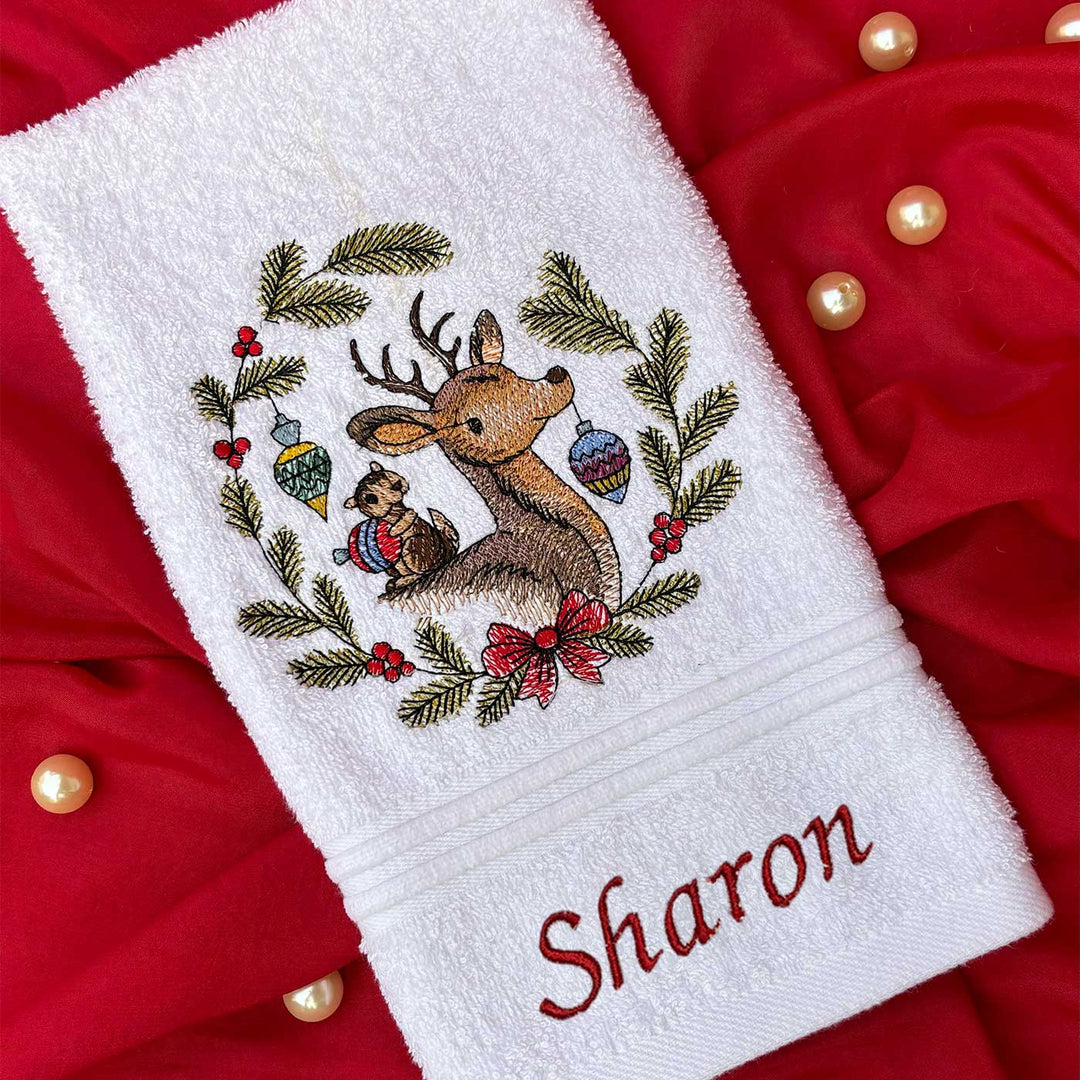 Personalized Deer & Chipmunk Embroidered Cotton Hand Towel | Xmas Gifting Ideas