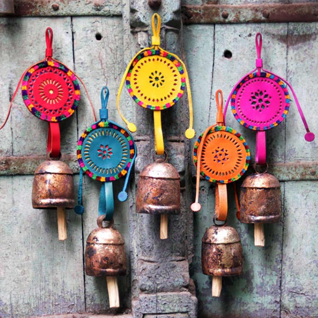 Handmade Multicolour Iron Bells With Leather Handle For Decoration | Set Of 5