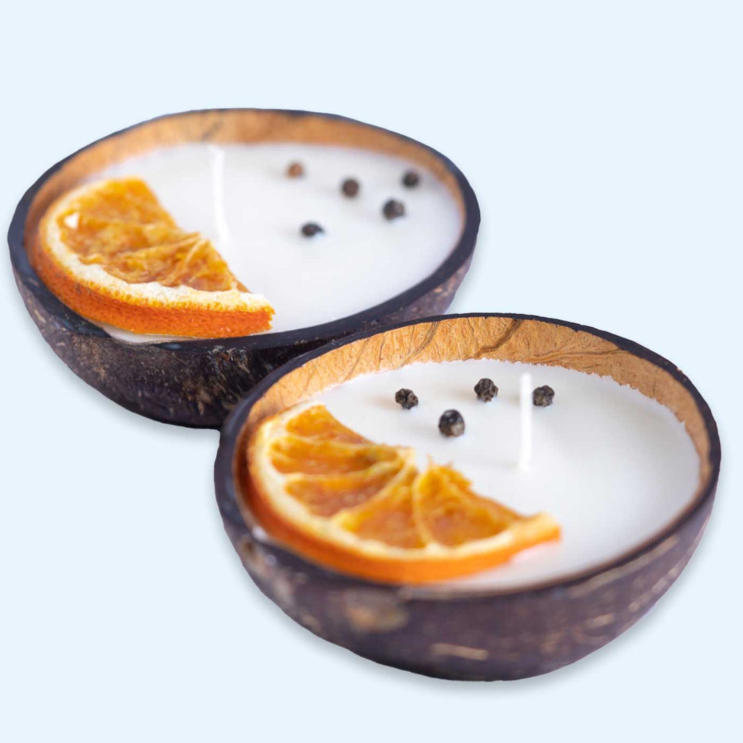 Eco-friendly Handmade Orange & Pepper Scented Coconut Shell Candle | Set Of 2