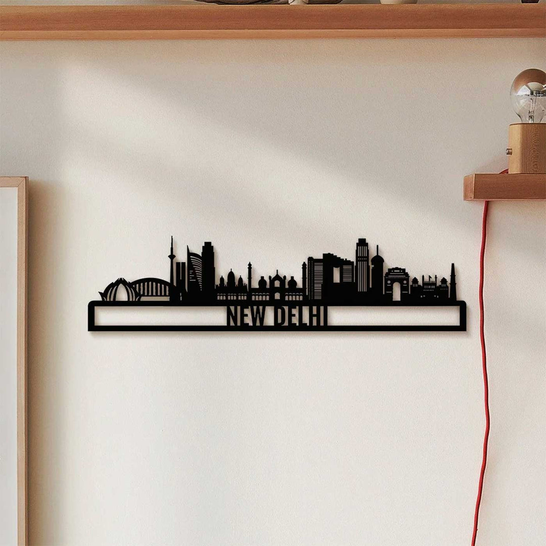 Printed Black Wooden New Delhi City Skyline Wall Decor