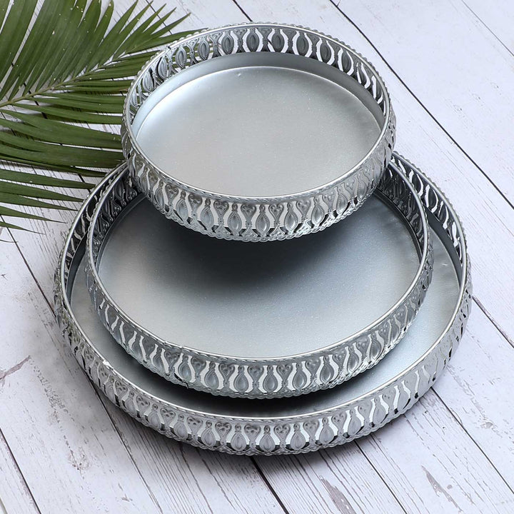 Handmade Round Etching Silver Tray | Set Of 3