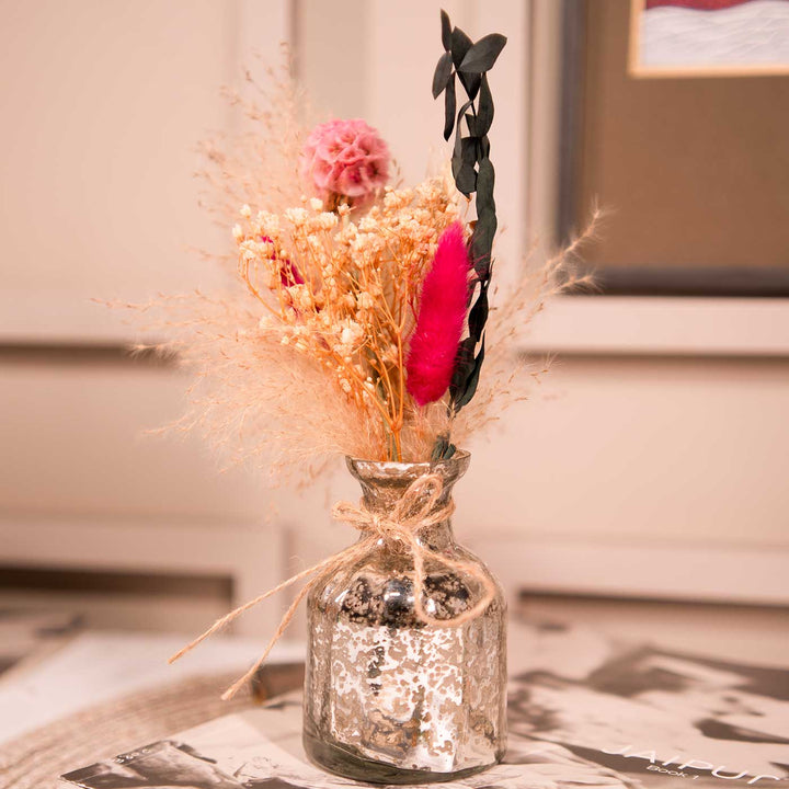 Silver Blossom Glass Vase With Dried Flower Bunch