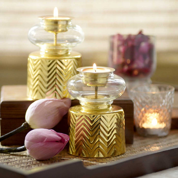 Handmade Golden Anuya Metal & Glass Tealight Holder | Set Of 2