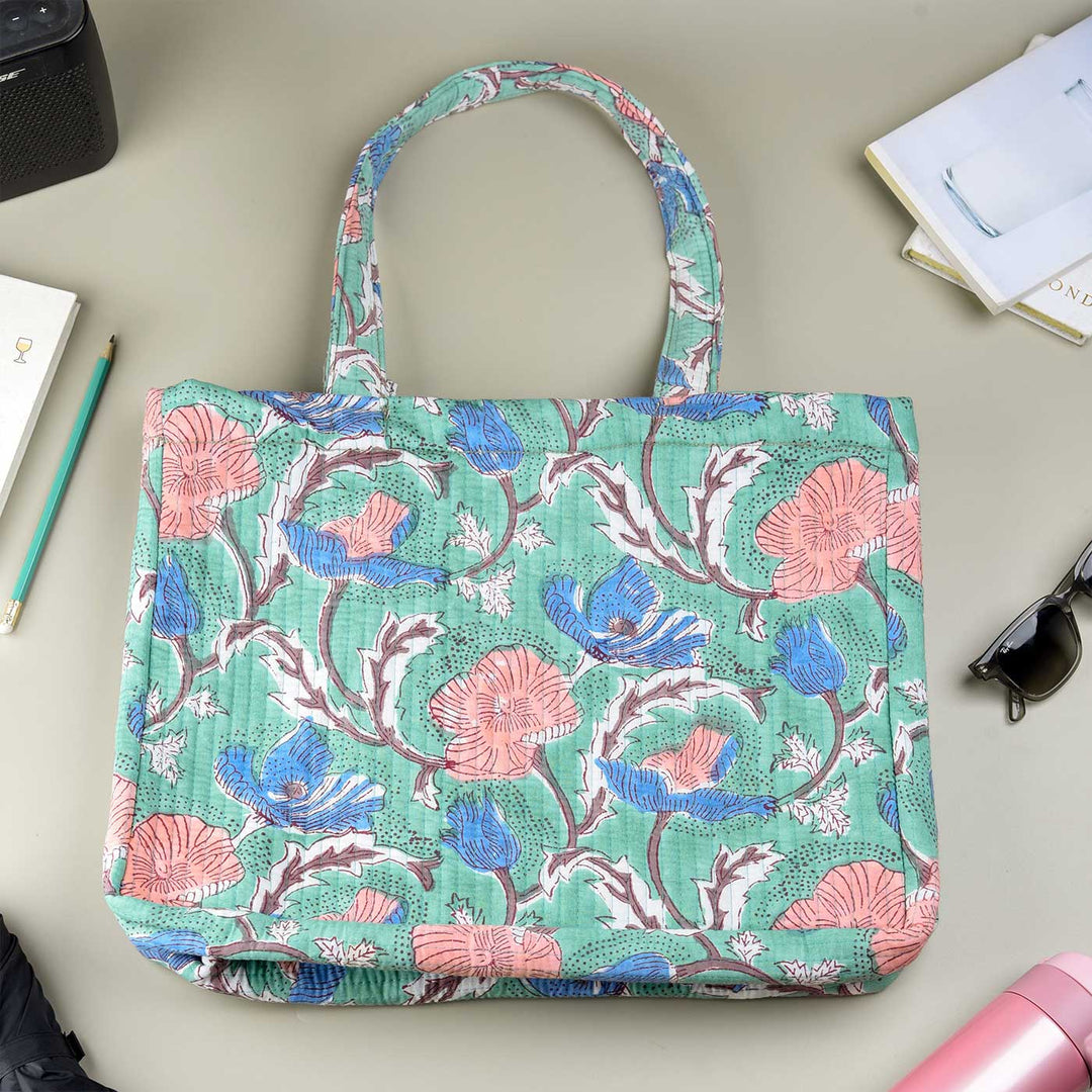 Block Printed Wildflower Convertible Quilted Cotton Tote Bag