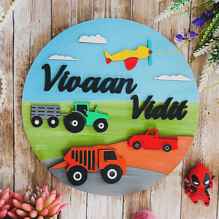 Personalized Hand-Painted Transport MDF Wood Kids Name Plate